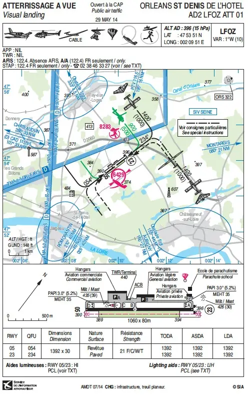 Navigation - (Pour cette question, utilisez l'annexe 061-5013). 
En route vers l'aérodrome d'Orléans, votre écoute de la fréquence vous permet de savoir qu'un hélicoptère est en tour de piste. Après consultation de la carte d'atterrissage vous voyez que le tour de piste hélicoptère à Orléans s'effectue à: