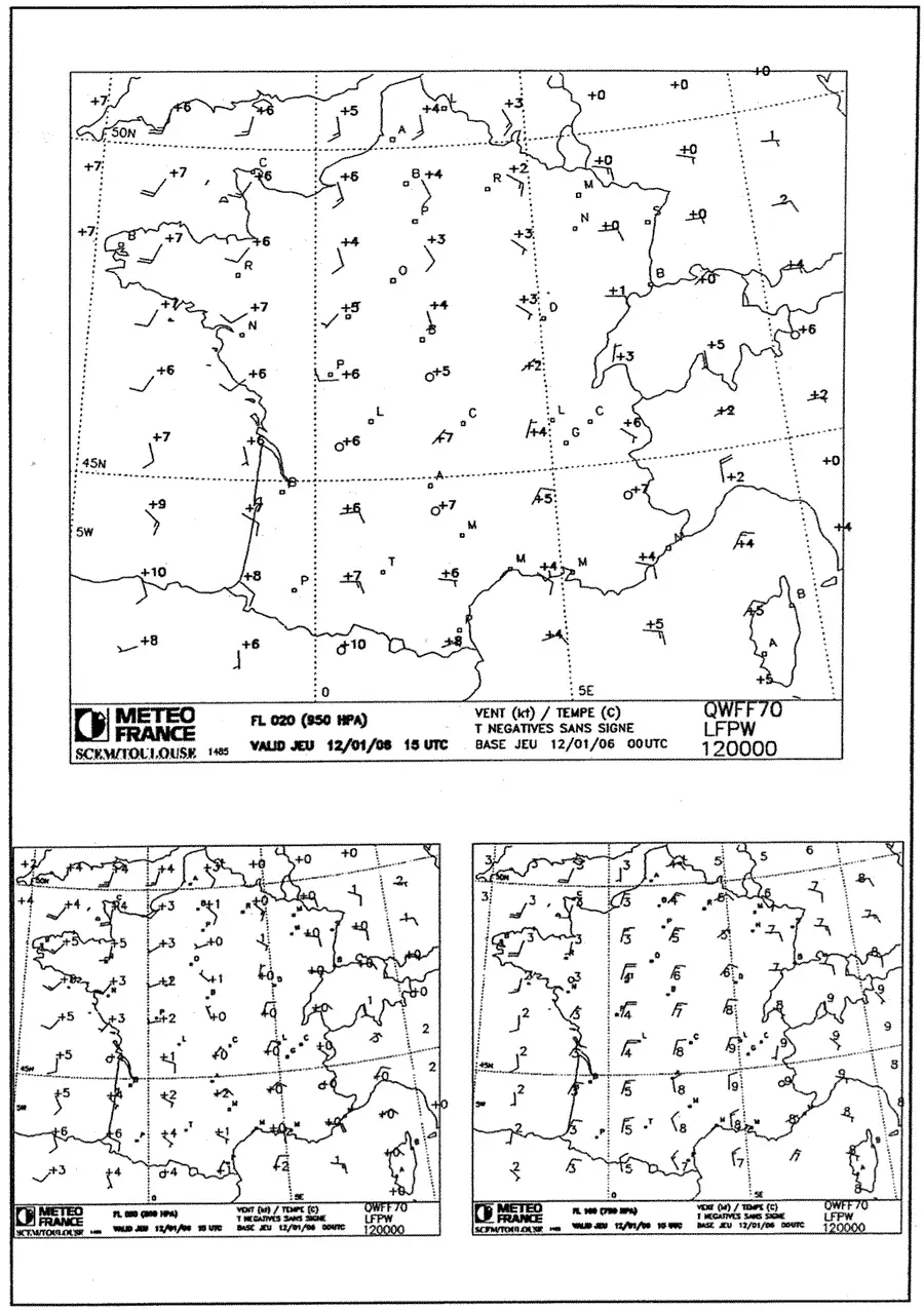 Météorologie - (Pour cette question, utilisez l'annexe 061-5363). 
    Sur la carte des vents du 12/01/06 à 15h00 UTC, à 2000 ft, dans la région de Dijon on observe une température de +3°. Cela correspond à une température: