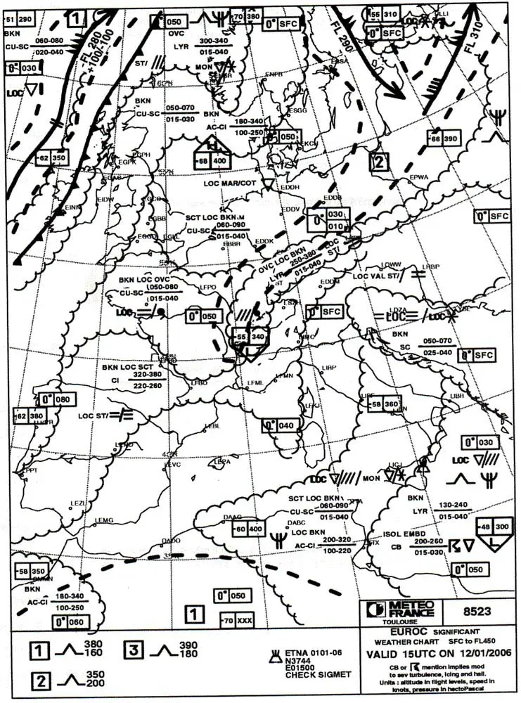 Météorologie - (Pour cette question, utilisez l'annexe 061-5366). 
    Sur la carte TEMSI EUROC du 12/01/2006 à 15h00 UTC, les phénomènes observés sur l'ouest de la France sont localement: