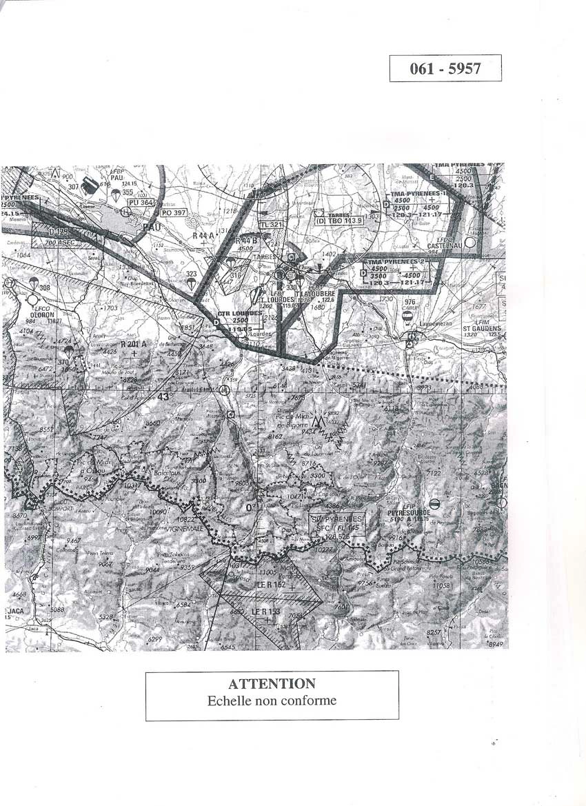 Aérodynamique - (Pour cette question, utilisez l'annexe 061-5957).Le cap vrai et la distance en miles nautiques entre l'aérodrome d'Oloron LFCO (43°09'53''N et 000°33'37''W) et le NDB PO 397 (43°18'50''N et 000°09'58''W) sont: